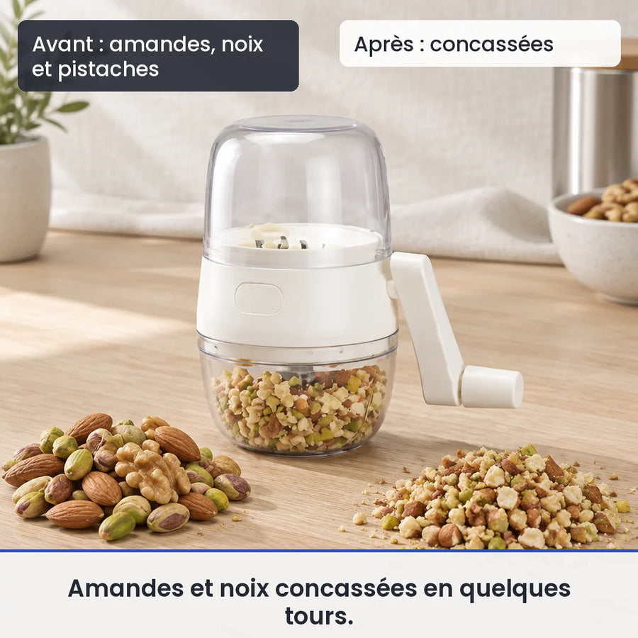 Avant/après avec le hachoir manuel blanc à manivelle : amandes, noix et pistaches, puis concassées