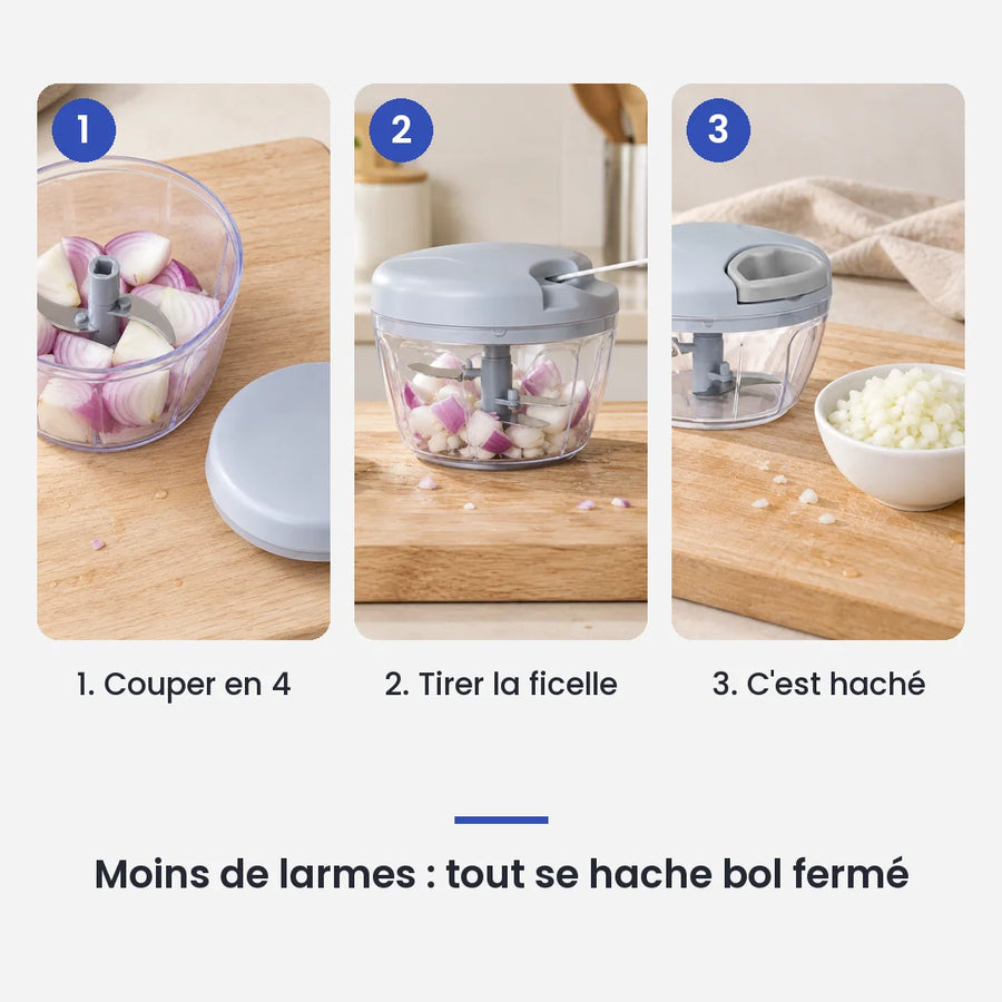 Comment utiliser le hachoir manuel à ficelle 500 ml bleu en 3 étapes : couper en 4, tirer la ficelle, c'est haché