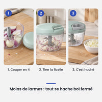 Comment utiliser le hachoir manuel à ficelle 500 ml vert en 3 étapes : couper en 4, tirer la ficelle, c'est haché