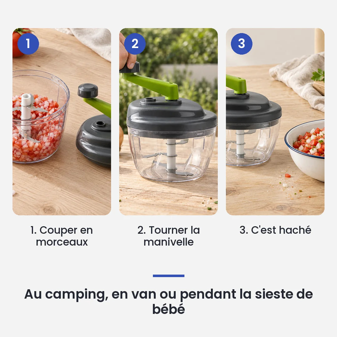 Comment utiliser le hachoir manuel à manivelle 520ml ail et légumes en 3 étapes : couper en morceaux, tourner la manivelle