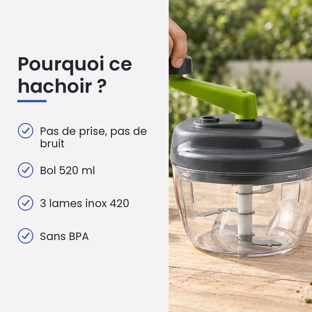 Pourquoi choisir ce hachoir : pas de prise, pas de bruit, bol 520 ml, 3 lames inox 420, sans BPA