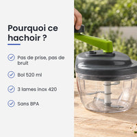 Pourquoi choisir ce hachoir : pas de prise, pas de bruit, bol 520 ml, 3 lames inox 420, sans BPA