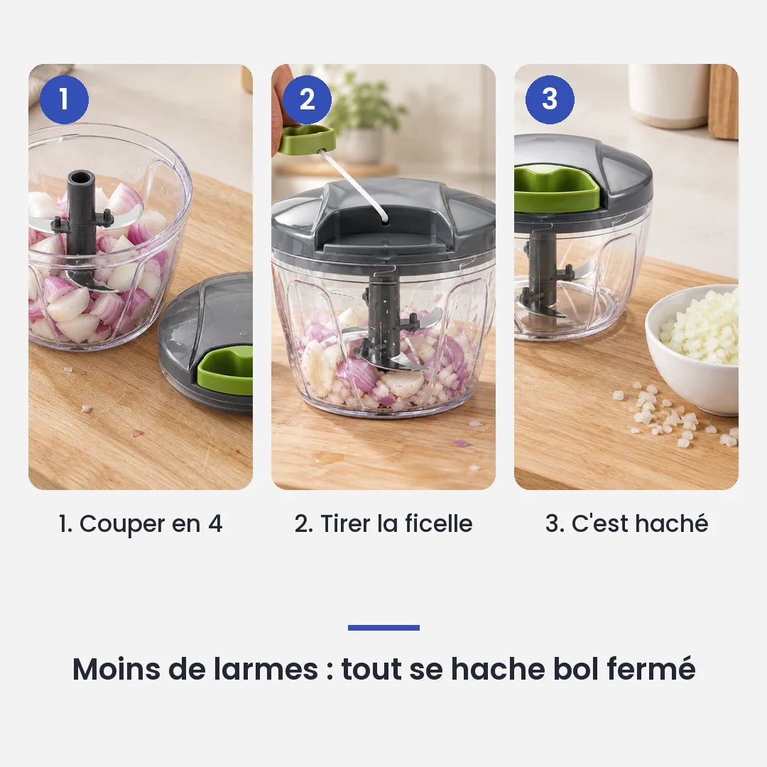 Comment utiliser le hachoir manuel à ficelle 600ml en 3 étapes : couper en 4, tirer la ficelle, c'est haché