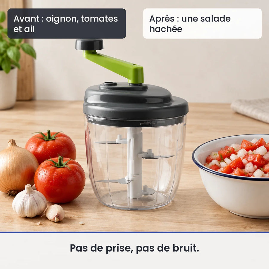 Avant/après avec le hachoir manuel à manivelle 900ml ail et légumes : oignon, tomates et ail, puis une salade hachée
