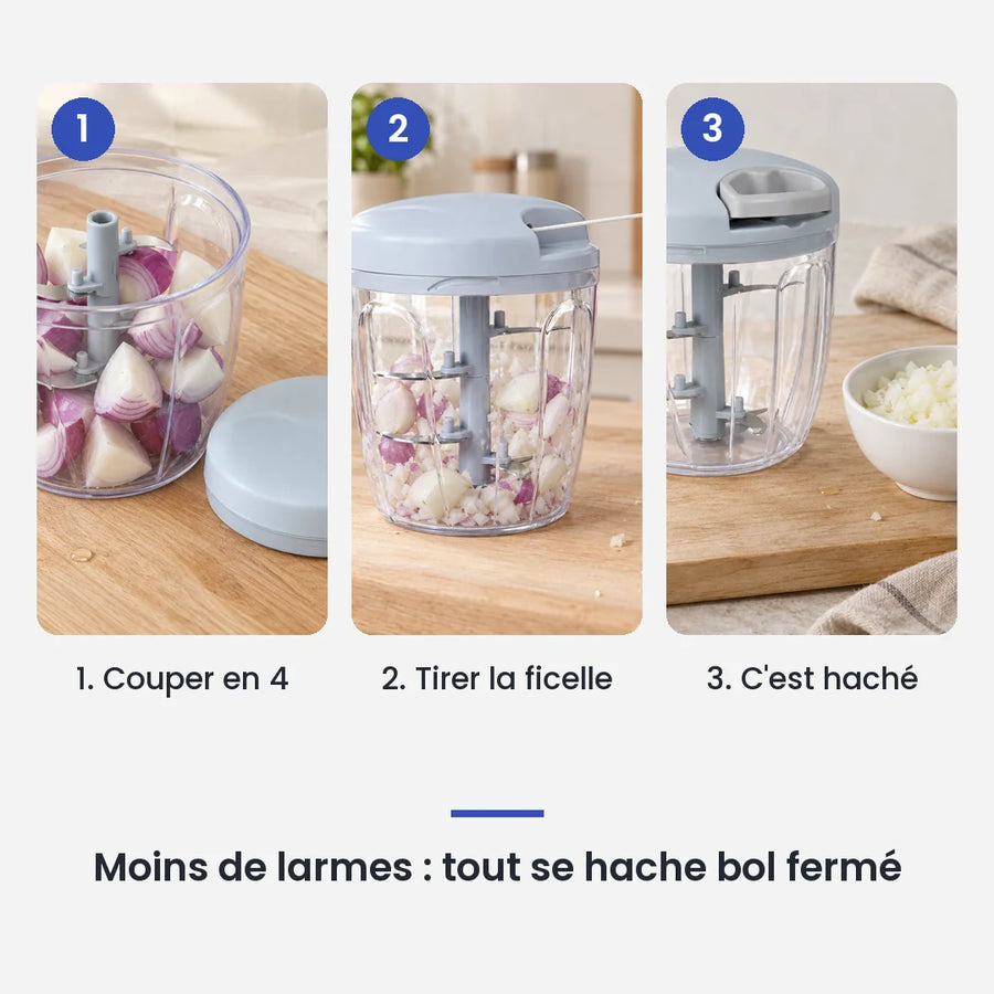 Comment utiliser le hachoir manuel à ficelle 900 ml bleu en 3 étapes : couper en 4, tirer la ficelle, c'est haché