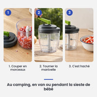 Comment utiliser le hachoir manuel à manivelle 900ml ail et légumes en 3 étapes : couper en morceaux, tourner la manivelle