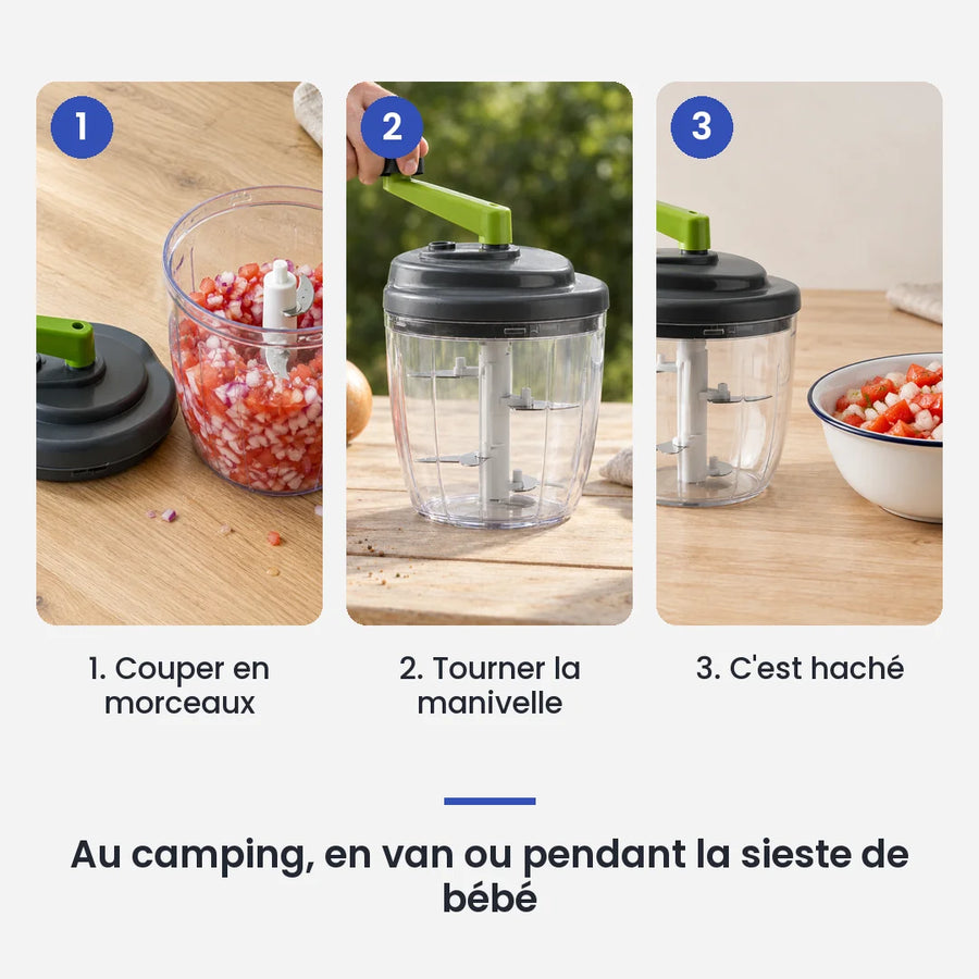 Comment utiliser le hachoir manuel à manivelle 900ml ail et légumes en 3 étapes : couper en morceaux, tourner la manivelle