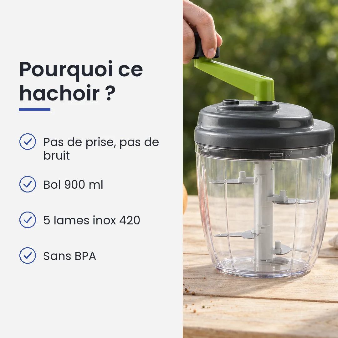 Pourquoi choisir ce hachoir : pas de prise, pas de bruit, bol 900 ml, 5 lames inox 420, sans BPA