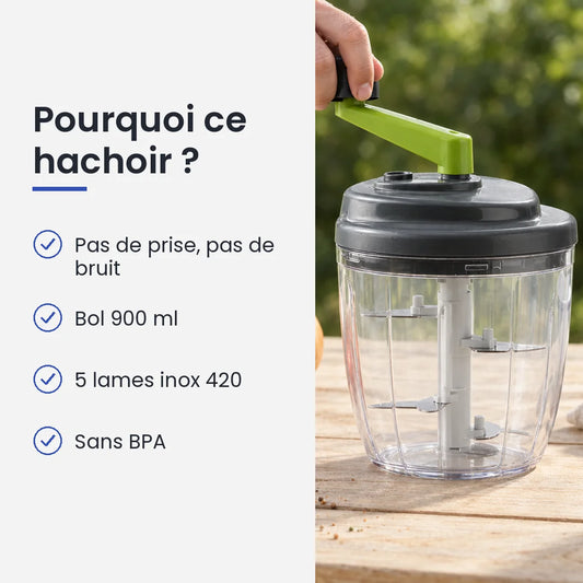 Pourquoi choisir ce hachoir : pas de prise, pas de bruit, bol 900 ml, 5 lames inox 420, sans BPA