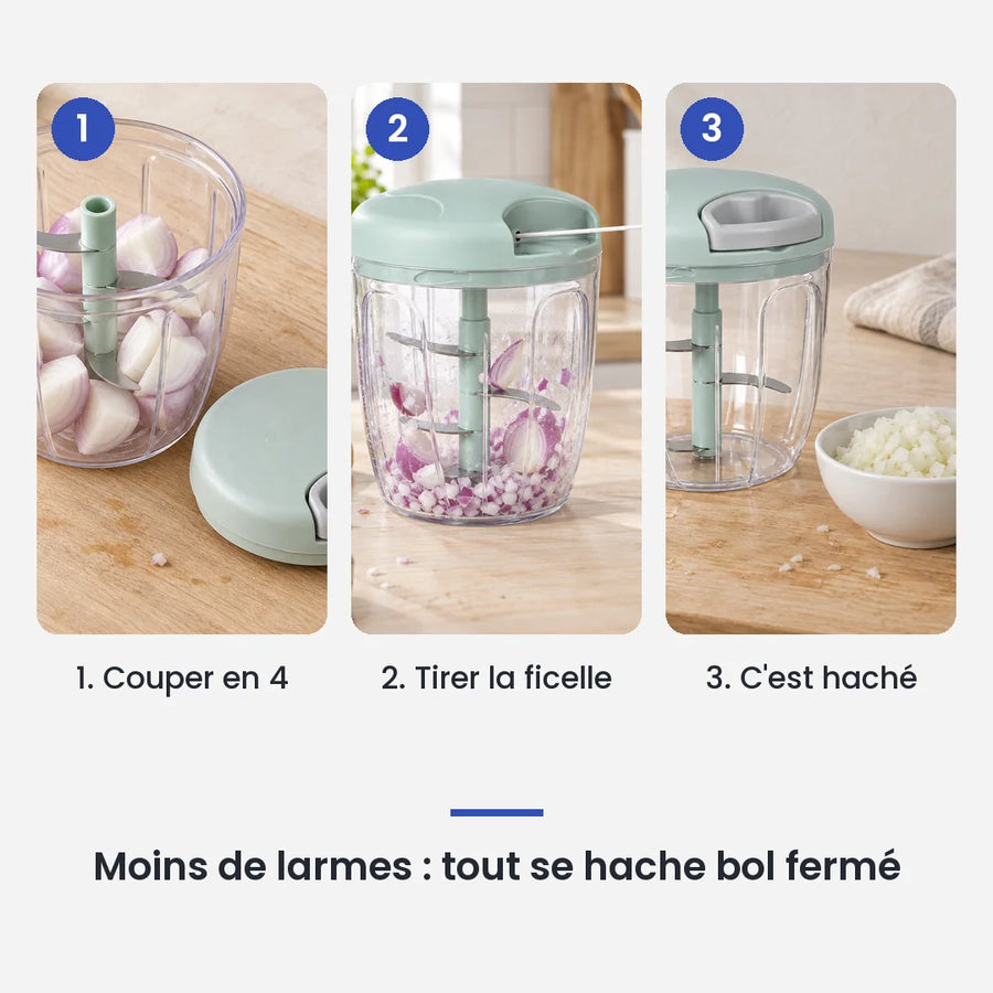 Comment utiliser le hachoir manuel à ficelle 900 ml vert en 3 étapes : couper en 4, tirer la ficelle, c'est haché