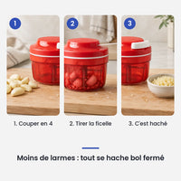 Comment utiliser le hachoir manuel à ficelle compact lames inox en 3 étapes : couper en 4, tirer la ficelle, c'est haché