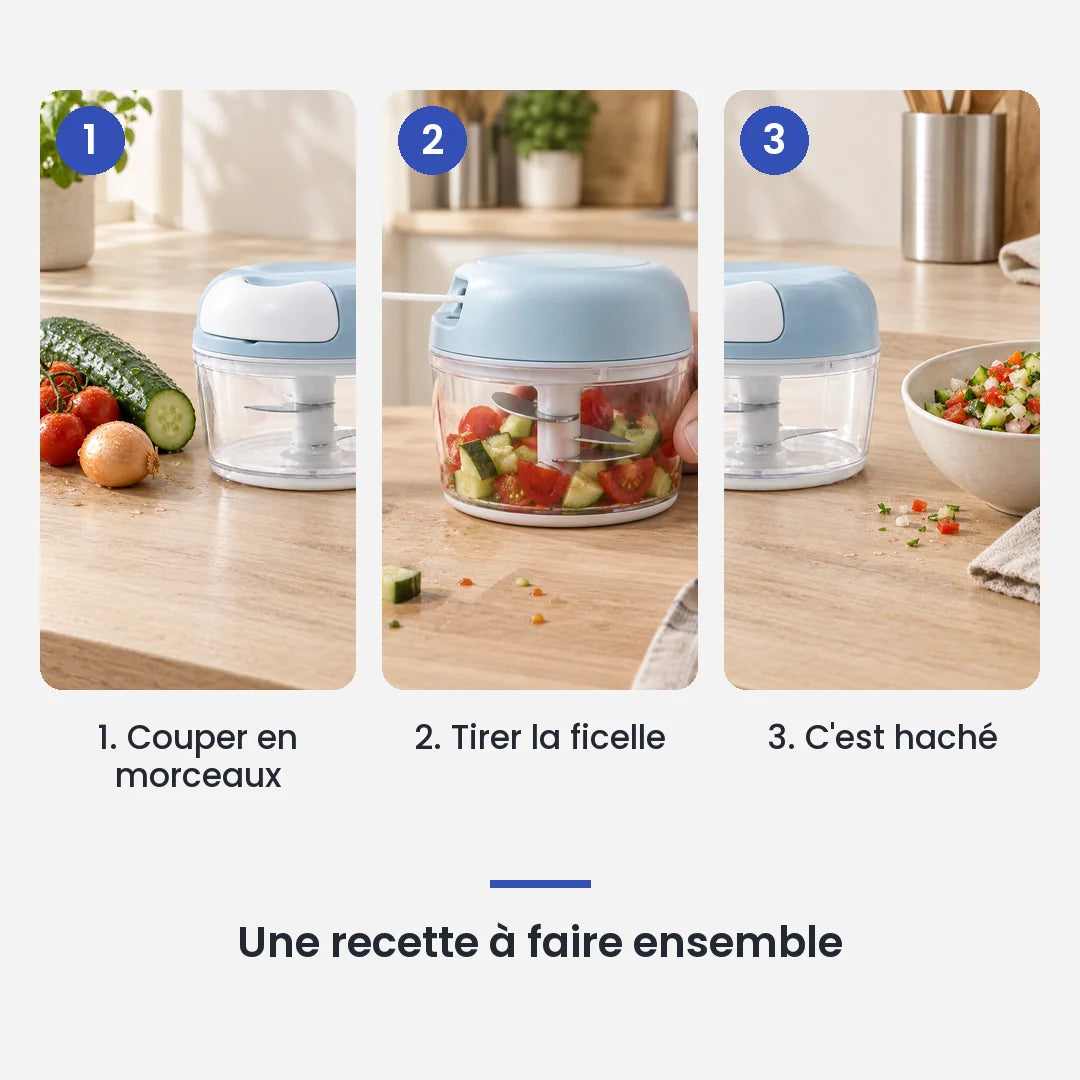 Comment utiliser le hachoir manuel à ficelle multifonction bleu en 3 étapes : couper en morceaux, tirer la ficelle, c'est