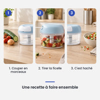 Comment utiliser le hachoir manuel à ficelle multifonction bleu en 3 étapes : couper en morceaux, tirer la ficelle, c'est