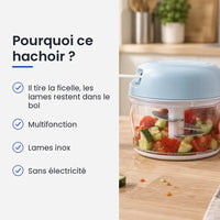 Pourquoi choisir ce hachoir : il tire la ficelle, les lames restent dans le bol, multifonction, lames inox, sans électricité