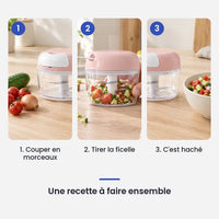 Comment utiliser le hachoir manuel à ficelle multifonction rose en 3 étapes : couper en morceaux, tirer la ficelle, c'est