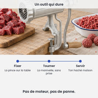 Un outil qui dure avec le hachoir manuel fonte taille 8 : fixer, la pince sur la table, tourner, la manivelle, sans prise