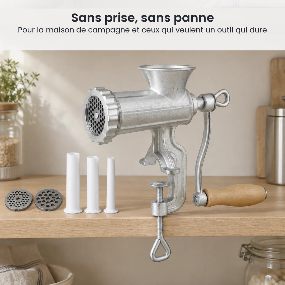 Hachoir manuel en fonte taille 8 fixé à une étagère d'arrière-cuisine, grilles de rechange et tubes à côté