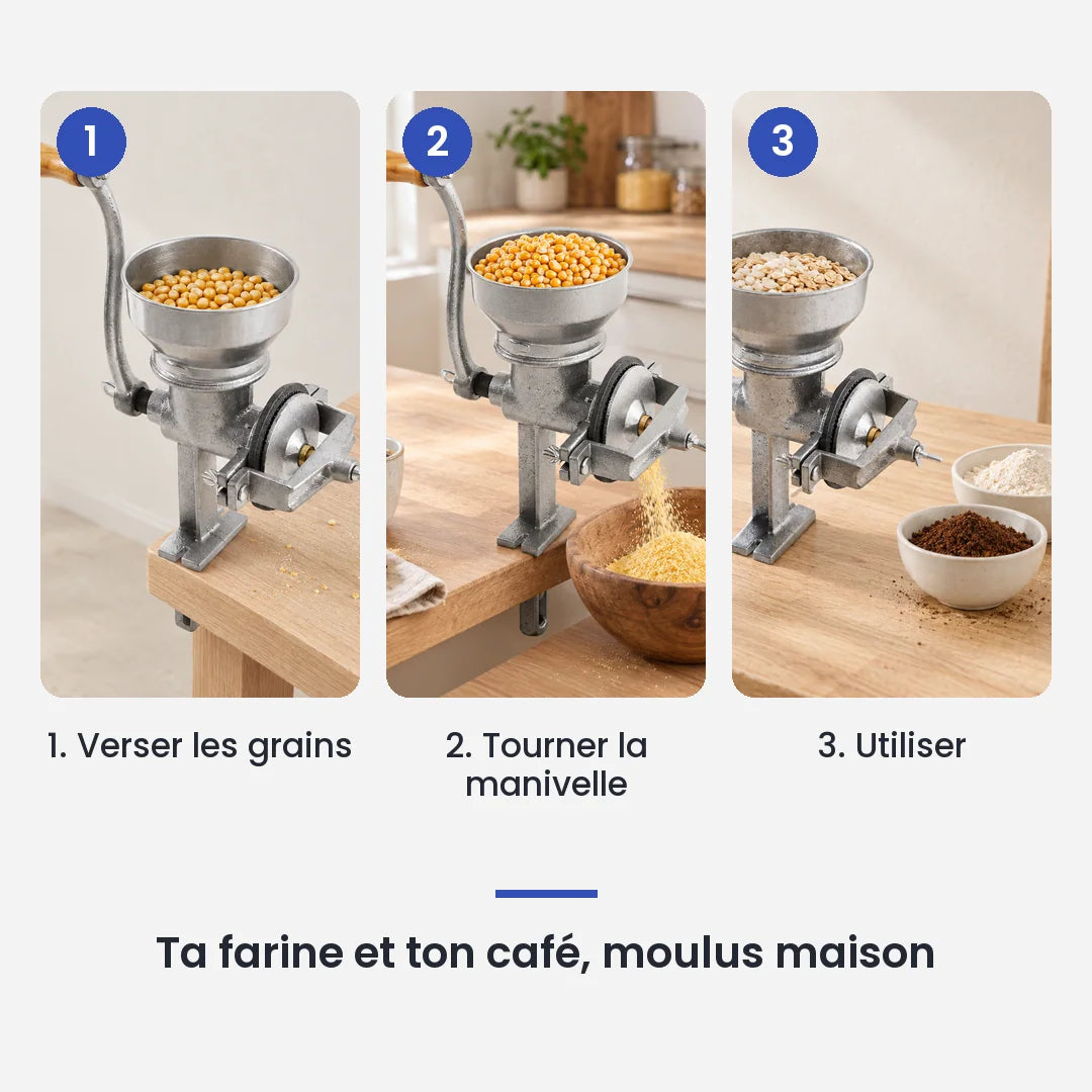 Comment utiliser le hachoir manuel à grains 500g en fonte en 3 étapes : verser les grains, tourner la manivelle, utiliser