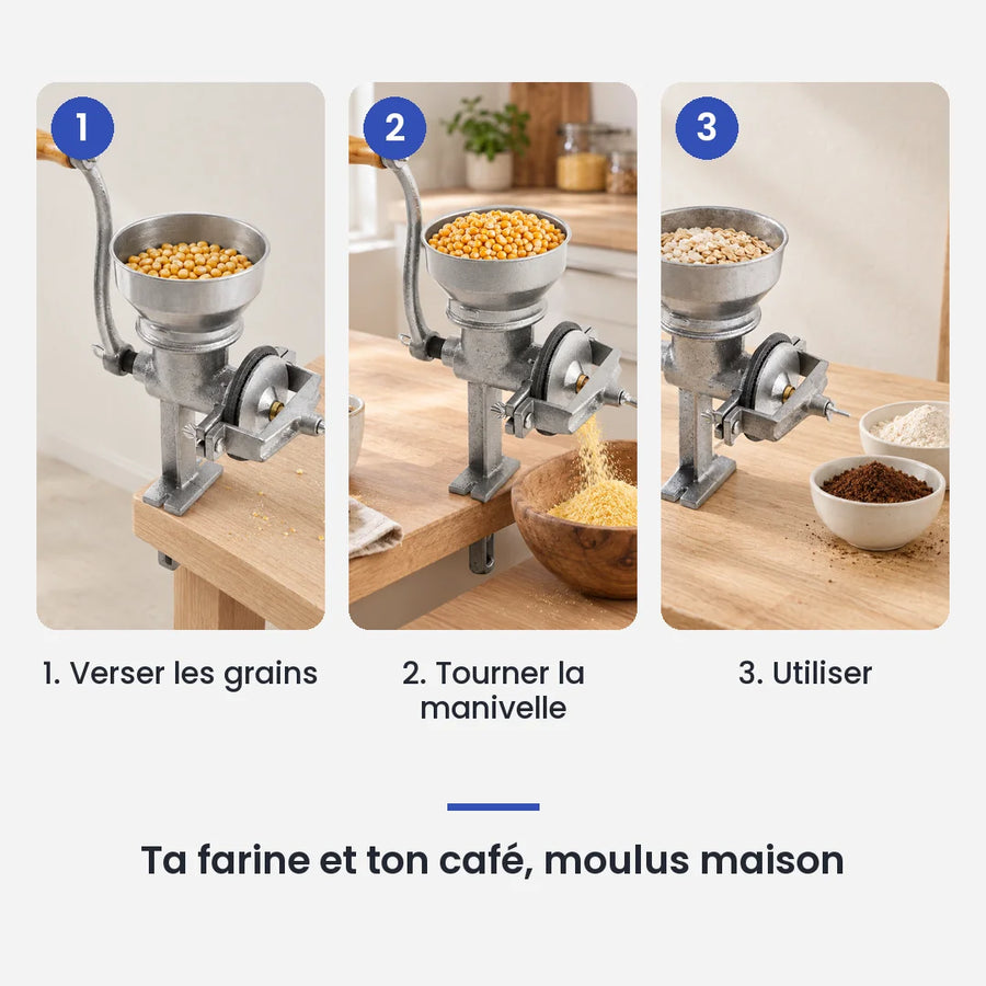 Comment utiliser le hachoir manuel à grains 500g en fonte en 3 étapes : verser les grains, tourner la manivelle, utiliser