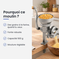 Pourquoi choisir ce moulin : des grains à la farine, quand tu veux, fonte robuste, capacité 500 g, mouture réglable