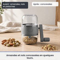 Avant/après avec le hachoir manuel gris à manivelle : amandes, noix et pistaches, puis concassées