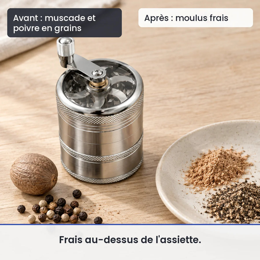 Avant/après avec le hachoir manuel métallique argenté à manivelle : muscade et poivre en grains, puis moulus frais