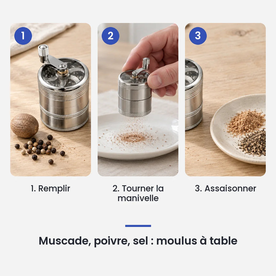 Comment utiliser le hachoir manuel métallique argenté à manivelle en 3 étapes : remplir, tourner la manivelle, assaisonner