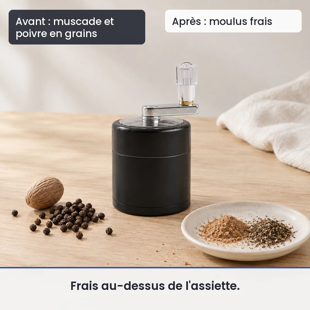 Avant/après avec le hachoir manuel métallique noir à manivelle : muscade et poivre en grains, puis moulus frais