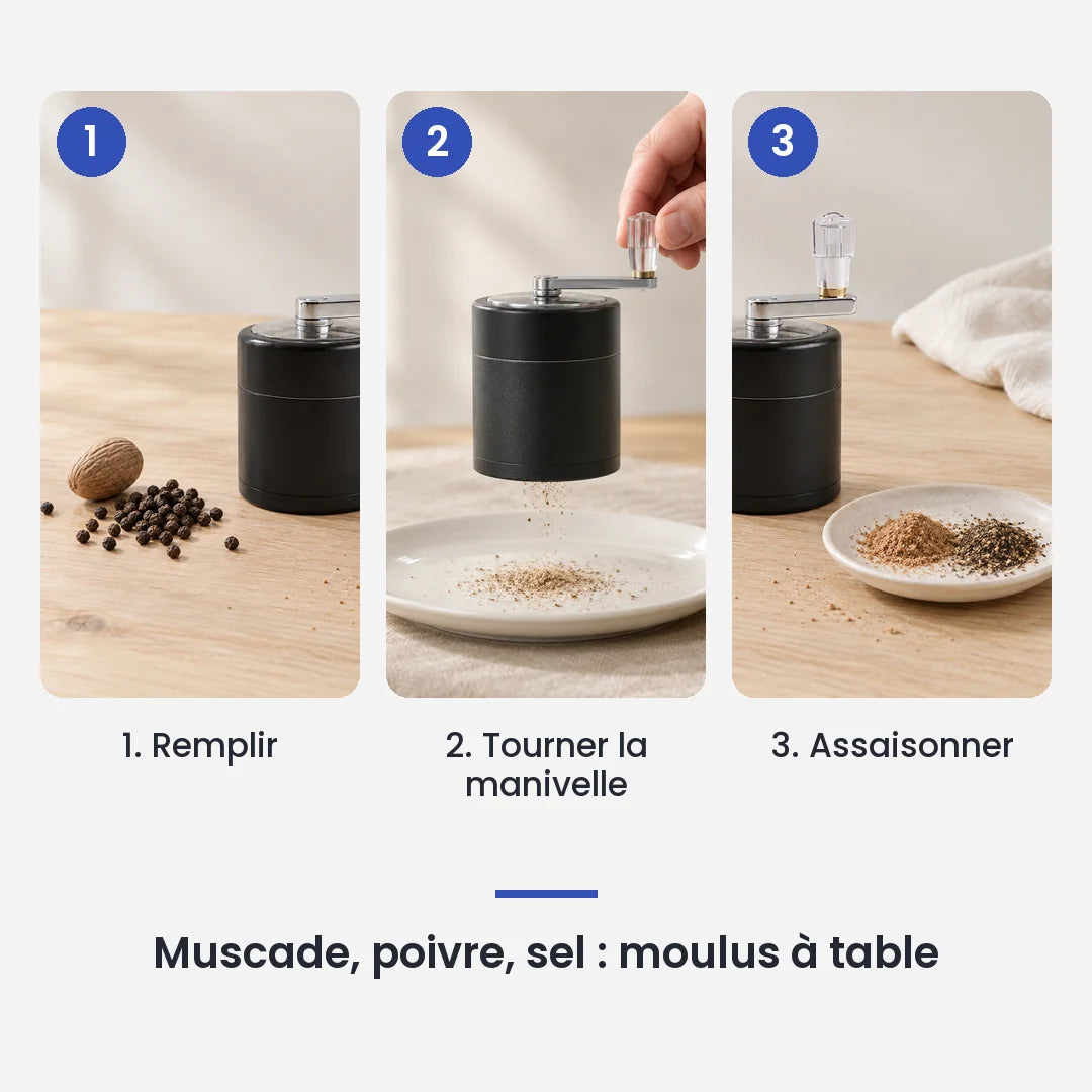 Comment utiliser le hachoir manuel métallique noir à manivelle en 3 étapes : remplir, tourner la manivelle, assaisonner