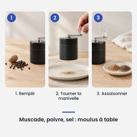 Comment utiliser le hachoir manuel métallique noir à manivelle en 3 étapes : remplir, tourner la manivelle, assaisonner