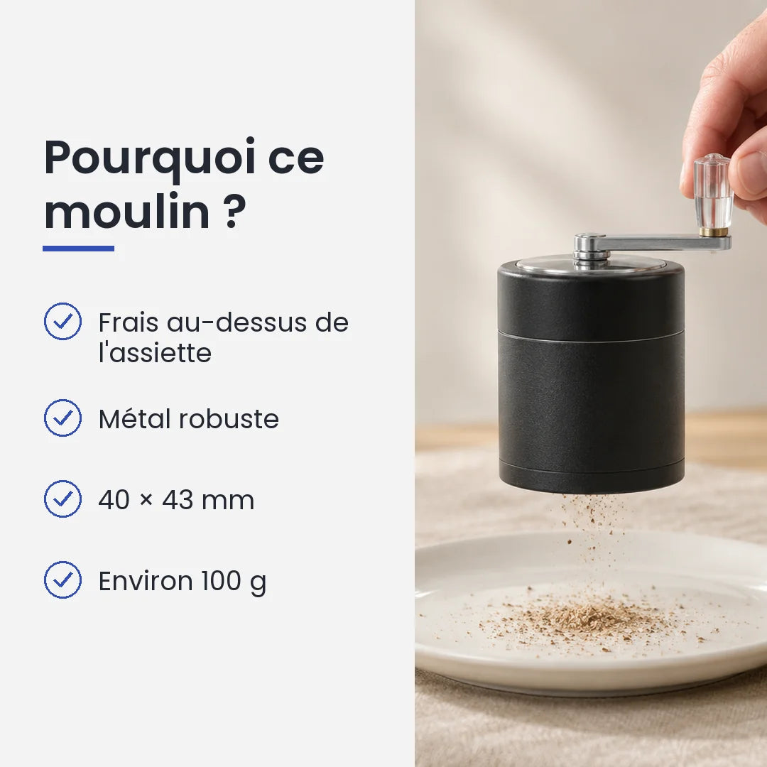 Pourquoi choisir ce moulin : frais au-dessus de l'assiette, métal robuste, 40 × 43 mm, environ 100 g