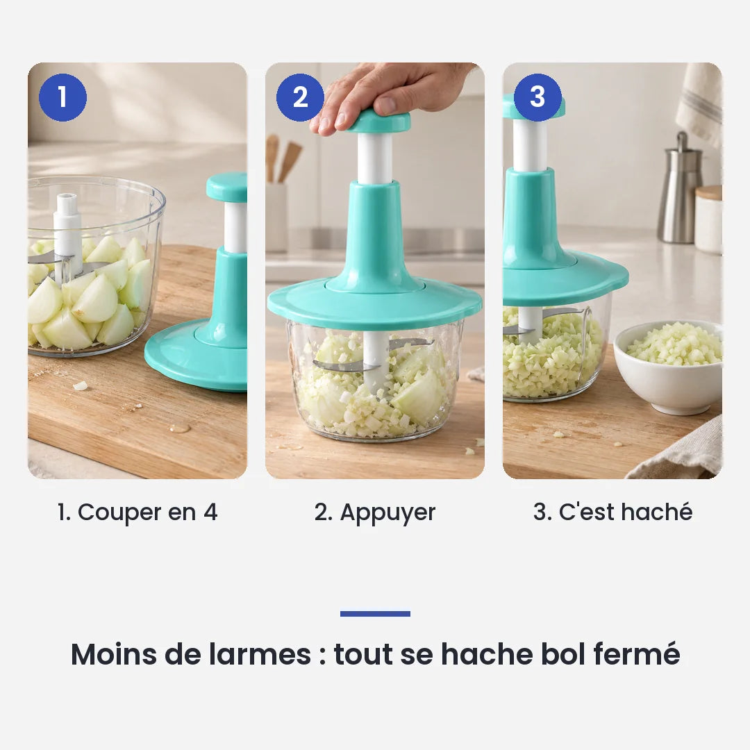 Comment utiliser le hachoir manuel presse vertical 1,5 L en 3 étapes : couper en 4, appuyer, c'est haché