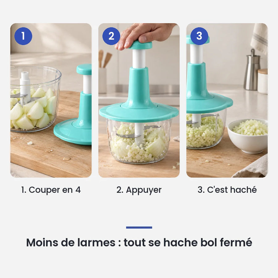 Comment utiliser le hachoir manuel presse vertical 1,5 L en 3 étapes : couper en 4, appuyer, c'est haché