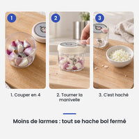 Comment utiliser le hachoir rotatif rose 200 ml en 3 étapes : couper en 4, tourner la manivelle, c'est haché
