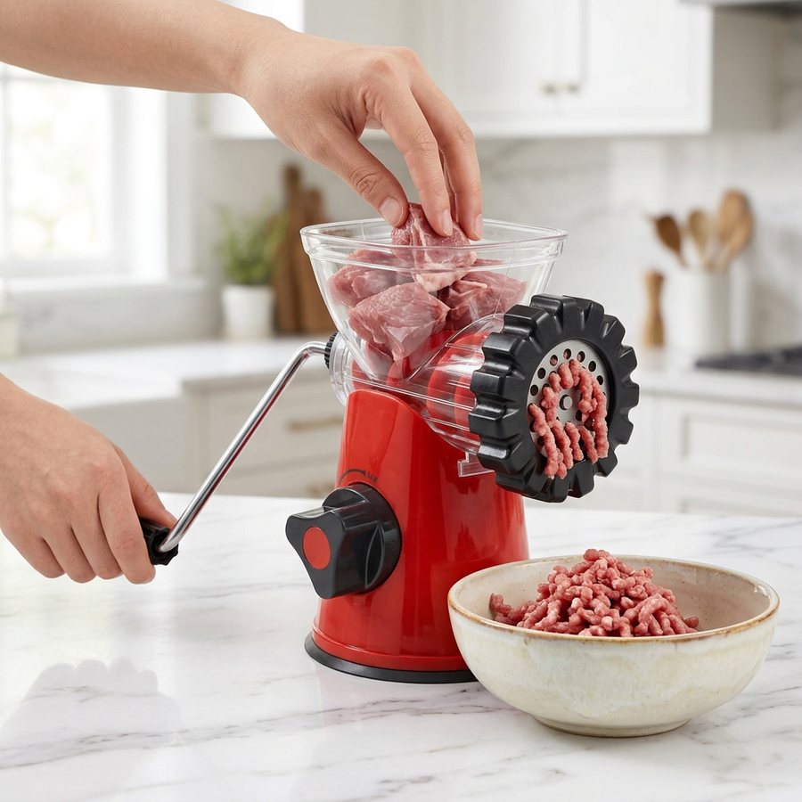 Hachoir à viande manuel à ventouse rouge, avec embout à saucisses, en cours d'utilisation
