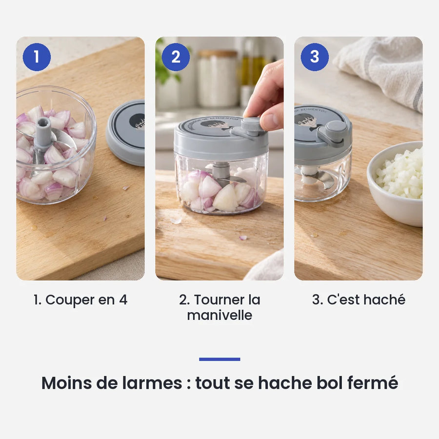 Comment utiliser le hachoir rotatif vert 200 ml en 3 étapes : couper en 4, tourner la manivelle, c'est haché