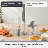 Avant/après avec le hachoir multifonction 4 en 1 : légumes, noix et crème, puis haché, mixé et fouetté