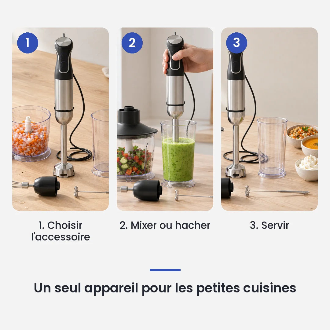 Comment utiliser le hachoir multifonction 5 en 1 en 3 étapes : choisir l'accessoire, mixer ou hacher, servir