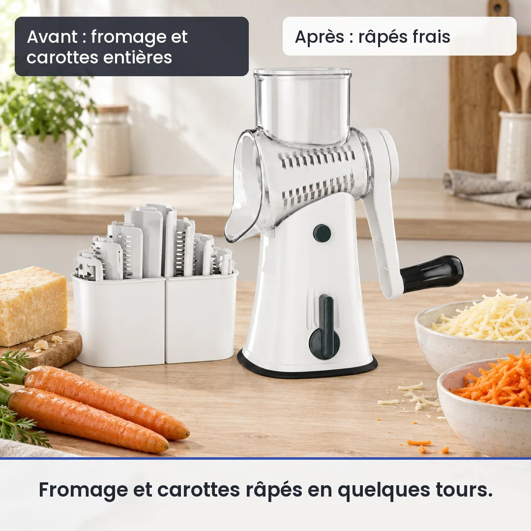Avant/après avec le hachoir légume rotatif 3 en 1 blanc à manivelle : fromage et carottes entières, puis râpés frais