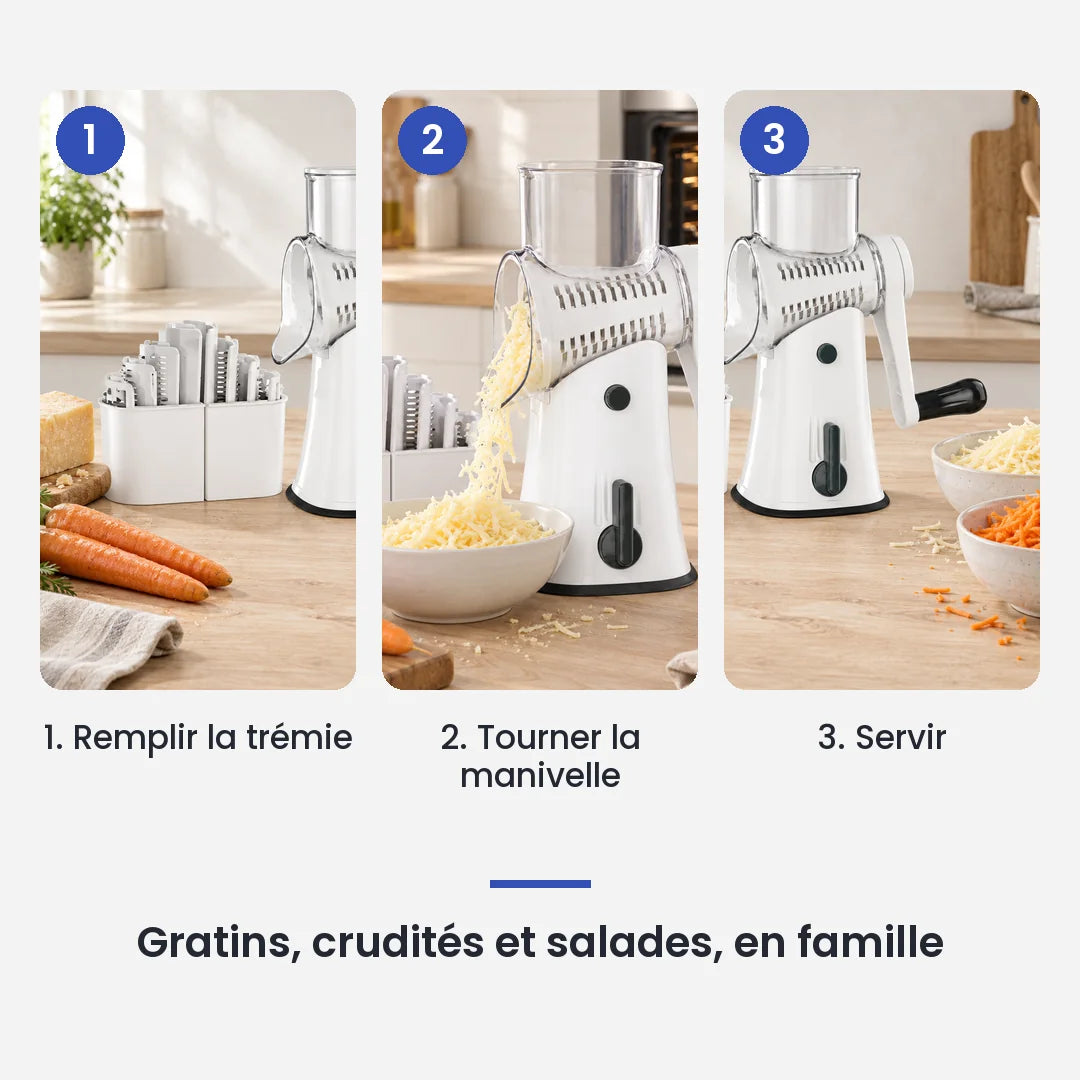Comment utiliser le hachoir légume rotatif 3 en 1 blanc à manivelle en 3 étapes : remplir la trémie, tourner la manivelle