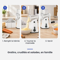Comment utiliser le hachoir légume rotatif 3 en 1 blanc à manivelle en 3 étapes : remplir la trémie, tourner la manivelle