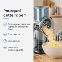 Pourquoi choisir cette râpe : fromage et carottes râpés en quelques tours, 3 tambours, lames inox, ventouse antidérapante