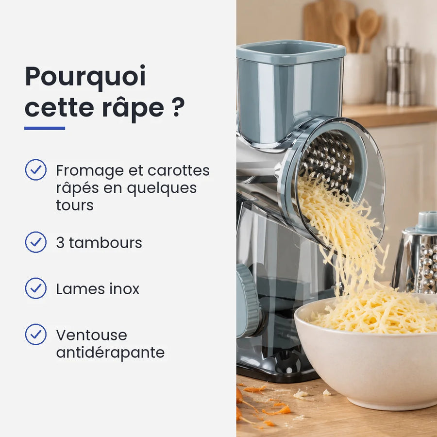 Pourquoi choisir cette râpe : fromage et carottes râpés en quelques tours, 3 tambours, lames inox, ventouse antidérapante