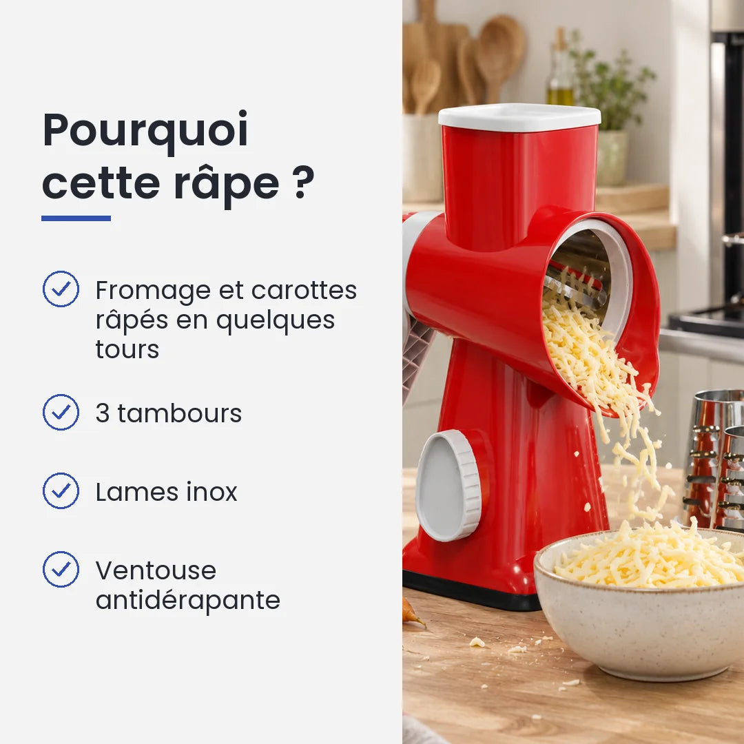 Pourquoi choisir cette râpe : fromage et carottes râpés en quelques tours, 3 tambours, lames inox, ventouse antidérapante