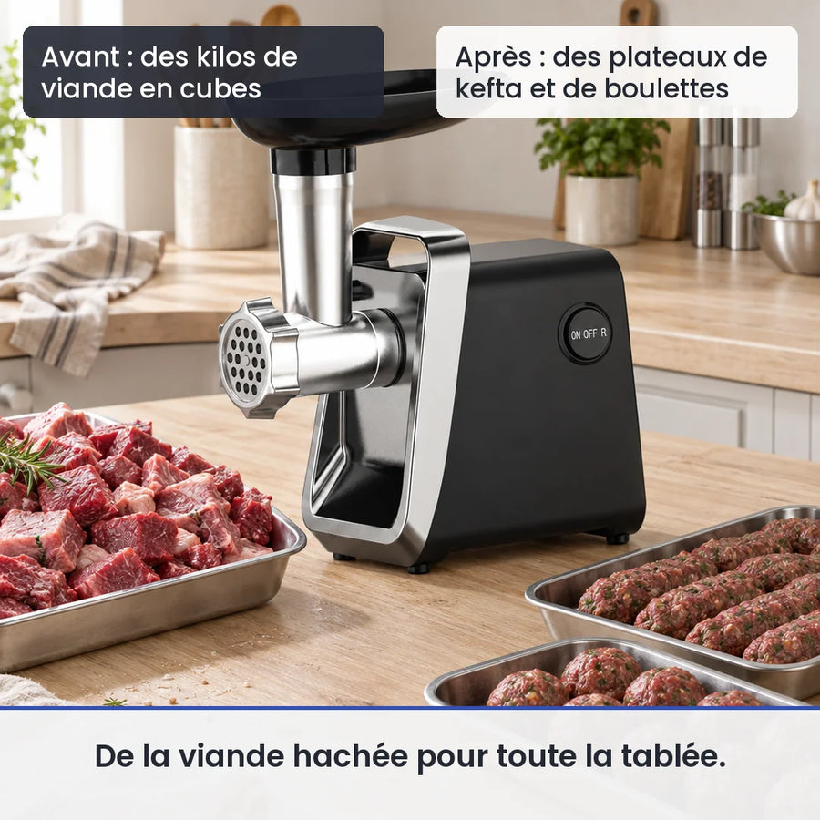 Avant/après avec ce hachoir : des kilos de viande en cubes, puis des plateaux de kefta et de boulettes