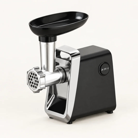 Hachoir à viande électrique 750W noir et inox avec plateau d'alimentation noir, vu en plongée sur fond blanc cassé