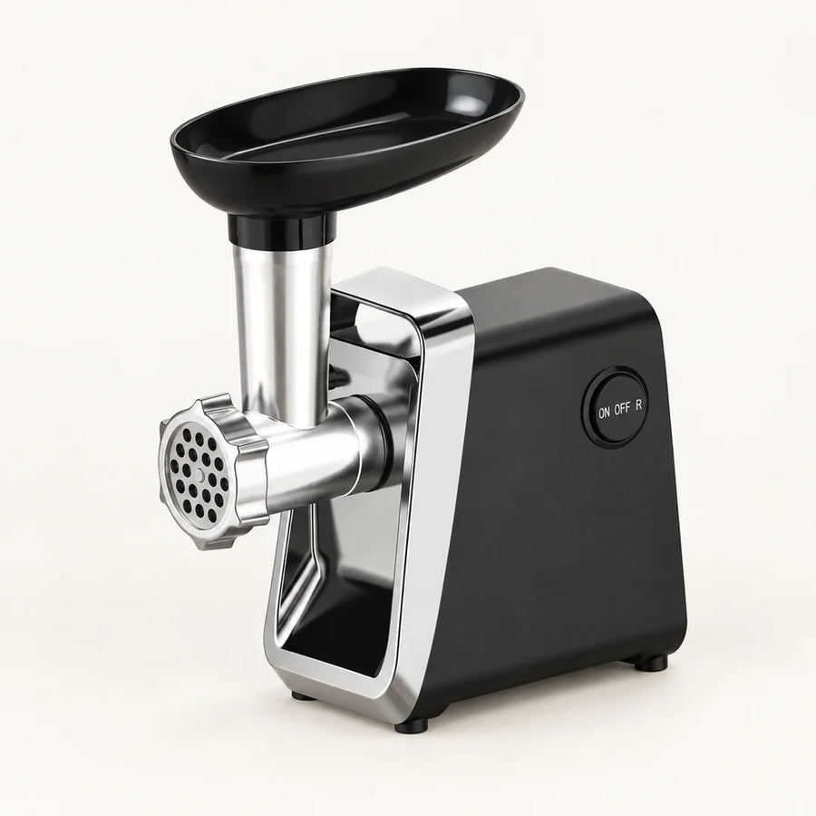 Hachoir à viande électrique 750W noir et inox avec plateau d'alimentation noir, vu en plongée sur fond blanc cassé