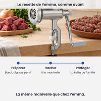 La recette de Yemma, comme avant avec le hachoir à viande manuel 3 en 1 : préparer, bœuf, oignon, persil