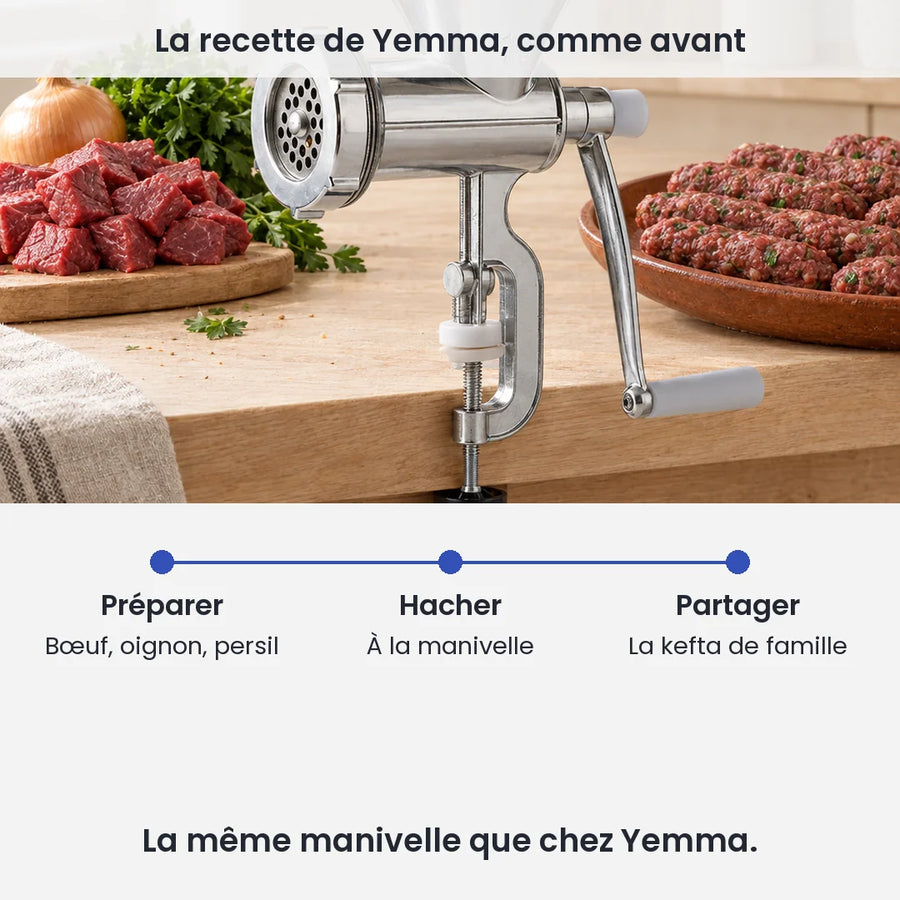 La recette de Yemma, comme avant avec le hachoir à viande manuel 3 en 1 : préparer, bœuf, oignon, persil