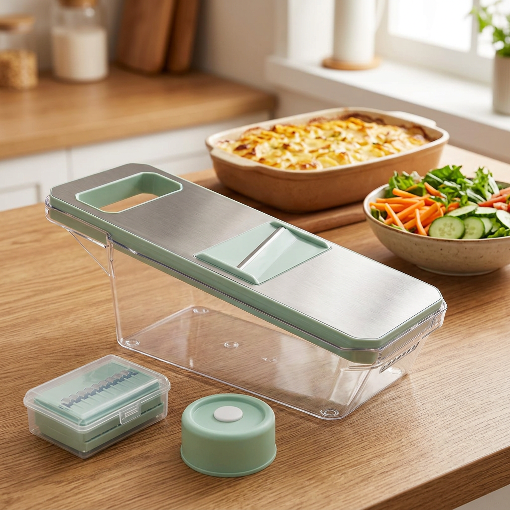 Mandoline 6 en 1 à lames interchangeables, en situation dans la cuisine